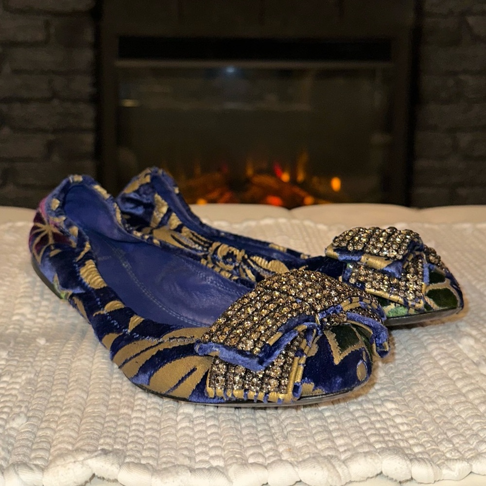 Tory Burch Blue and Gold Rhinestone Flats